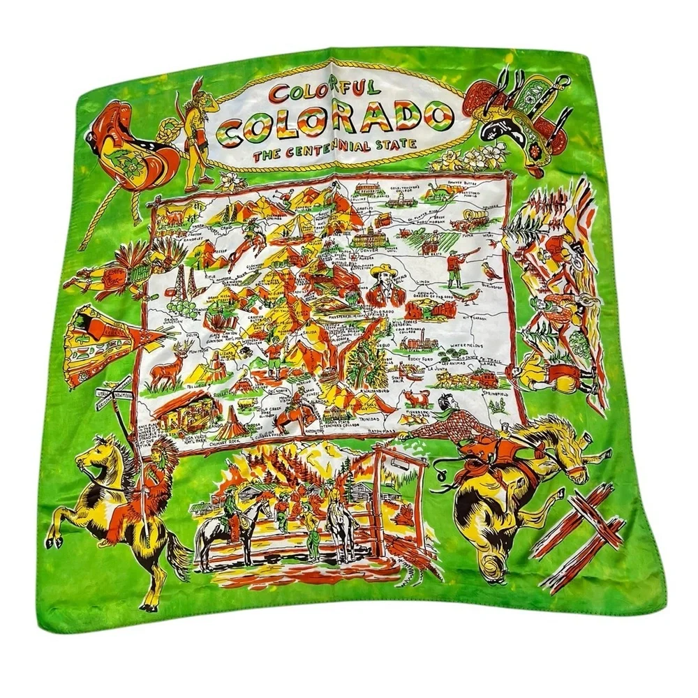 Vintage Colorful Colorado Centennial Souvenir Silk Scarf Picture Map Green
